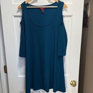 Hot Kiss cold shoulder teal waffle knit dress